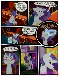 Size: 3500x4500 | Tagged: safe, artist:becauseimpink, derpibooru import, rarity, oc, pony, comic:transition, alcohol, bar, bartender, beer, blushing, comic, dialogue, drunk, elusive, eyes closed, glowing horn, horn, magic, rule 63, sad, spitting, telekinesis, transgender