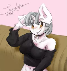 Size: 1023x1082 | Tagged: safe, artist:maximus, derpibooru import, oc, oc:sunlight/sunny, anthro, unicorn, belly button, clothes, female, midriff, off shoulder, off shoulder sweater, short shirt, solo, sweater