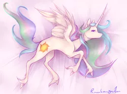 Size: 2846x2108 | Tagged: safe, artist:leechetious, derpibooru import, princess celestia, alicorn, classical unicorn, pony, unicorn, cloven hooves, female, hoof fluff, leonine tail, mare, signature, solo, unshorn fetlocks