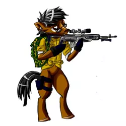 Size: 512x512 | Tagged: safe, artist:fizzyrox, derpibooru import, oc, unofficial characters only, pony, backpack, bipedal, clothes, glasses, gun, one eye closed, rifle, simple background, solo, weapon, white background