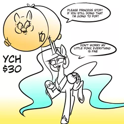 Size: 3000x3000 | Tagged: safe, artist:metalface069, derpibooru import, princess celestia, balloonie pony, earth pony, original species, pony, unicorn, air inflation, balloon, commission, floating, horn, horn poke, imminent popping, inflation, string, worried, ych sketch, your character here