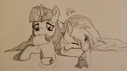 Size: 3264x1836 | Tagged: safe, artist:riggyrag, derpibooru import, rainbow dash, twilight sparkle, pony, blanket, cuddling, duo, levitation, lying, magic, magic aura, monochrome, scroll, signature, simple background, sketch, sleeping, telekinesis, traditional art, underhoof, white background