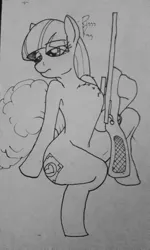 Size: 1729x2891 | Tagged: safe, artist:riggyrag, derpibooru import, oc, oc:riggy, unofficial characters only, pony, black and white, grayscale, gun, hoof hold, monochrome, rifle, signature, simple background, sitting, sketch, sniper, sniper rifle, solo, traditional art, weapon, white background