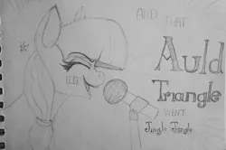 Size: 2391x1592 | Tagged: safe, artist:riggyrag, derpibooru import, oc, oc:riggy, unofficial characters only, pony, black and white, eyes closed, grayscale, holiday, lyrics, microphone, monochrome, saint patrick's day, signature, simple background, singing, sketch, solo, song reference, text, traditional art, white background