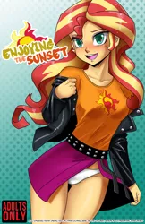 Size: 1000x1545 | Tagged: suggestive, artist:johnjoseco, derpibooru import, sunset shimmer, human, ask gaming princess luna, comic:enjoying the sunset, equestria girls, bedroom eyes, blushing, breasts, clothes, comic, comic cover, cover, explicit source, eyeshadow, heart eyes, human coloration, humanized, jacket, leather, leather jacket, lidded eyes, looking at you, makeup, miniskirt, panties, sexy, shirt, skirt, skirt lift, thighs, underwear, undressing, white underwear, wingding eyes