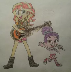 Size: 886x902 | Tagged: safe, artist:jebens1, derpibooru import, sunset shimmer, equestria girls, equestria girls series, barely eqg related, bubble guppies, clothes, converse, crossover, geode of empathy, guitar, logo, magical geodes, microphone, musical instrument, nick jr., nickelodeon, shoes, singing, zooli