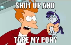 Size: 500x313 | Tagged: safe, artist:hotdiggedydemon, derpibooru import, rarity, ponified, human, pony, unicorn, .mov, attack of the killer app, caption, female, futurama, image macro, male, mare, meme, philip j. fry, ponified meme, shut up and take my money, text