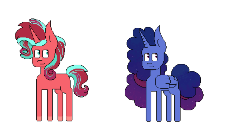 Size: 1026x626 | Tagged: safe, artist:hunterthewastelander, derpibooru import, oc, unofficial characters only, alicorn, pony, unicorn, alicorn oc, duo, horn, magical lesbian spawn, offspring, parent:pinkie pie, parent:princess luna, parent:starlight glimmer, parent:sunburst, parents:lunapie, parents:starburst, simple background, transparent background, unicorn oc, wings