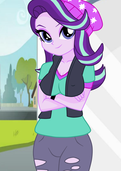Size: 1131x1600 | Tagged: safe, alternate version, artist:philelmago, derpibooru import, starlight glimmer, equestria girls, beanie, breasts, cleavage, clothes, crossed arms, day, erect nipples, eyeshadow, female, grass, hat, house, looking at you, makeup, nipple outline, nipples, nudity, ripped pants, road, sexy, shirt, show accurate, sidewalk, sky, smiling, solo, tree, vest
