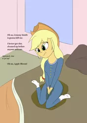 Size: 2894x4093 | Tagged: suggestive, artist:diaperednight, color edit, derpibooru import, edit, part of a set, applejack, equestria girls, bedwetting, blushing, clothes, colored, female, pajamas, pissing, socks, solo, urine, wetting