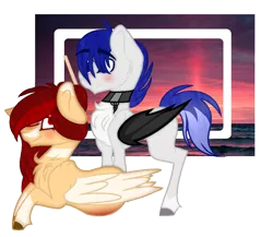 Size: 960x833 | Tagged: safe, artist:lilbitchie, derpibooru import, oc, oc:kurai, oc:yeri, pegasus, pony, art trade, blushing, chest fluff, female, hair over eyes, male, mare, oc x oc, one eye closed, pregnant, prone, shipping, simple background, stallion, standing, transparent background