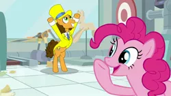 Size: 1920x1080 | Tagged: safe, derpibooru import, screencap, cheese sandwich, pinkie pie, earth pony, pony, the last laugh, clothes, duo, female, hat, male, mare, stallion, suit, top hat