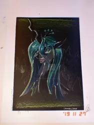 Size: 774x1032 | Tagged: safe, artist:cosmotic1214, derpibooru import, queen chrysalis, pony, colored, deviantart watermark, illustration, marker drawing, obtrusive watermark, pencil drawing, solo, traditional art, watermark