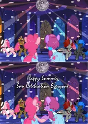 Size: 825x1150 | Tagged: safe, artist:pippy, derpibooru import, berry punch, berryshine, pinkie pie, oc, oc:fire juggler blue, oc:jykinturah, oc:ween, pony, bubble berry, clothes, comic, disco ball, dress, gala dress, michael jackson, rule 63