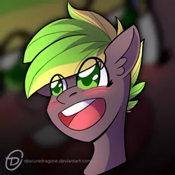 Size: 1024x1024 | Tagged: safe, artist:obscuredragone, derpibooru import, oc, oc:lightflare, unofficial characters only, pony, big eyes, blushing, bust, commission, cute, ear fluff, green eyes, green hair, green mane, happy, open mouth, portrait, smiley face, solo, ych result
