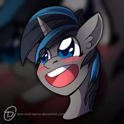 Size: 1024x1024 | Tagged: safe, artist:obscuredragone, derpibooru import, oc, oc:blaze, unofficial characters only, pony, unicorn, big eyes, blushing, bust, commission, cute, ear fluff, happy, horn, open mouth, portrait, smiley face, solo, ych result