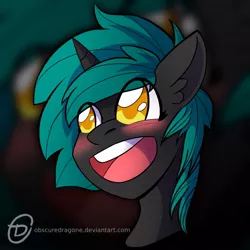 Size: 1024x1024 | Tagged: safe, artist:obscuredragone, derpibooru import, oc, oc:whirlytail, unofficial characters only, pony, unicorn, big eyes, blushing, bust, commission, cute, ear fluff, golden eyes, green hair, green mane, happy, horn, open mouth, portrait, smiley face, solo, ych result