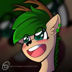Size: 1024x1024 | Tagged: safe, artist:obscuredragone, derpibooru import, oc, oc:moonlight serenade, unofficial characters only, deer, deer pony, original species, pony, big eyes, blushing, bust, commission, deer oc, ear fluff, green hair, green mane, happy, horns, open mouth, piercing, portrait, smiley face, solo, ych result