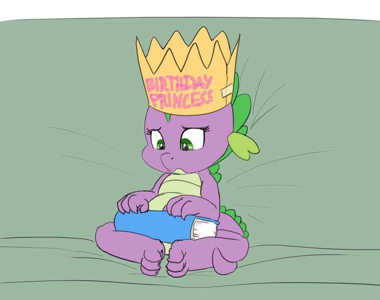 Size: 1088x860 | Tagged: artist:carnifex, barb, barbabetes, birthday, book, couch, cute, derpibooru import, hat, rule 63, rule63betes, sad, sadorable, safe, sitting, spike