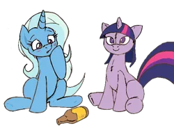 Size: 542x399 | Tagged: safe, artist:joey darkmeat, derpibooru import, edit, trixie, twilight sparkle, pony, cropped, female, lesbian, plushie, shipping, twixie