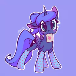 Size: 750x750 | Tagged: safe, alternate version, artist:lollipony, derpibooru import, princess luna, alicorn, pony, blue background, blushing, clothes, cute, daaaaaaaaaaaw, eye clipping through hair, female, floppy ears, heart, looking at you, lunabetes, mare, mouth hold, note, paper, ponytail, s1 luna, simple background, smiling, socks, solo, sweet dreams fuel, too cute, weapons-grade cute, white outline