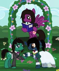 Size: 2224x2674 | Tagged: safe, artist:lightningbolt, derpibooru import, ponified, ponified:oliver sykes, earth pony, pegasus, pony, undead, zombie, zombie pony, .svg available, arch, bags under eyes, blushing, bone, book, bowtie, bring me the horizon, brothers, clothes, colored blushing, colored pupils, colored sclera, crossdressing, diamond, dream sequence, dress, fangs, floppy ears, flower, flying, gay, glasgow smile, hedge, holding hooves, hoof hold, hoof on hip, incest, lace, lidded eyes, long sleeves, looking down, male, marriage, outdoors, pierce the veil, ponytail, raised hoof, shipping, shirt, shocked, siblings, stallion, standing, story included, suit, surprised, svg, tattoo, tom sykes, undershirt, vector, vic fuentes, wedding, wedding arch, wedding dress