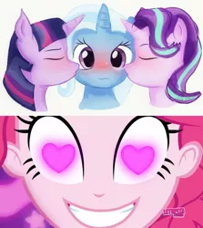 Size: 852x955 | Tagged: safe, artist:samyvillaly, derpibooru import, edit, pinkie pie, starlight glimmer, trixie, twilight sparkle, coinky-dink world, eqg summertime shorts, equestria girls, female, heart eyes, lesbian, meme, pinkie's eyes, polyamory, shipping, startrix, startwitrix, trixie gets all the mares, twixie, twixstar, wingding eyes