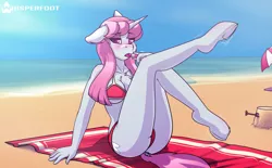 Size: 5693x3522 | Tagged: suggestive, artist:whisperfoot, derpibooru import, lipstick vanity, anthro, unguligrade anthro, unicorn, art pack:lewder for the ponies in the back, areola, ass, beach, beach babe, beach towel, beach umbrella, bikini, bikini babe, bikini bottom, bikini top, blushing, breasts, butt, cheek fluff, chest fluff, cleavage, cleavage fluff, clothes, dock, ear fluff, female, frog (hoof), hand, hoof fluff, hooves, hooves in air, horn, knee fluff, leaning, leaning back, leg fluff, legs, legs in air, legs raised, lipstick, long hair, looking at you, mare, ocean, pink hair, sand, sand castle, shoulder fluff, shovel, solo, solo female, sunlight, sunscreen, swimsuit, towel, umbrella, underboob, underhoof