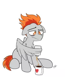 Size: 2750x3250 | Tagged: safe, artist:fakskis, derpibooru import, oc, unofficial characters only, pegasus, pony, alcohol, bags under eyes, bottle, chest fluff, coffee, coffee mug, commission, depressed, floppy ears, male, mug, no pupils, sad, simple background, sitting, solo, stallion, white background, wing hands, wings