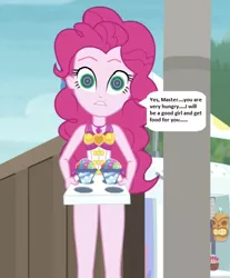 Size: 516x622 | Tagged: safe, derpibooru import, edit, edited screencap, editor:thomasfan45, screencap, pinkie pie, equestria girls, equestria girls series, too hot to handle, 1000 hours in ms paint, blank expression, clothes, cropped, cute, enslaved, geode of sugar bombs, hypnosis, hypnotized, looking forward, magical geodes, male, master, offscreen character, offscreen male, one-piece swimsuit, slave, snow cone, solo, speech bubble, story included, swimsuit, swirly eyes