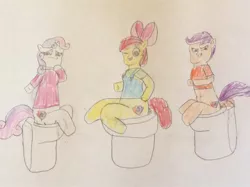 Size: 1280x956 | Tagged: suggestive, artist:snipiper, derpibooru import, apple bloom, scootaloo, sweetie belle, earth pony, pegasus, pony, unicorn, but why, cutie mark crusaders, fart, female, filly, poop, pooping, solo, stuck, toilet, traditional art