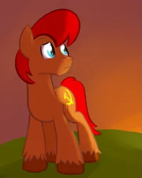 Size: 535x668 | Tagged: safe, artist:cosmonaut, artist:goat train, derpibooru import, oc, oc:cosmonaut, unofficial characters only, earth pony, pony, hammer and sickle, male, sad, solo, stallion, unshorn fetlocks