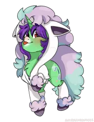 Size: 784x1019 | Tagged: safe, artist:cottonsweets, derpibooru import, oc, oc:crescent star, unofficial characters only, crystal pony, galarian ponyta, pony, ponyta, unicorn, clothes, crystal unicorn, hoodie, mlem, pokemon sword and shield, pokémon, silly, simple background, socks, solo, tongue out, transparent background