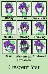 Size: 1300x2000 | Tagged: safe, artist:cottonsweets, derpibooru import, oc, oc:crescent star, unofficial characters only, crystal pony, pony, unicorn, angry, blank stare, confused, crystal unicorn, emotions, explosion, glasses, happy, sad, solo, thinking, waving