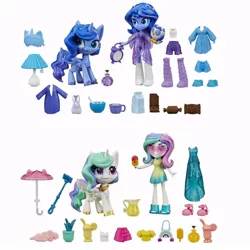 Size: 800x800 | Tagged: safe, derpibooru import, princess celestia, princess luna, alicorn, bird, human, owl, pony, equestria girls, my little pony: pony life, alarm clock, boots, bowl, candy, chocolate, clock, clothes, doll, dress, drink, fashion squad, female, food, ice cream, juice, lemonade, mare, milk, nightgown, photo, shirt, shoes, shorts, simple background, skirt, spread wings, toy, umbrella, unshorn fetlocks, white background, wings