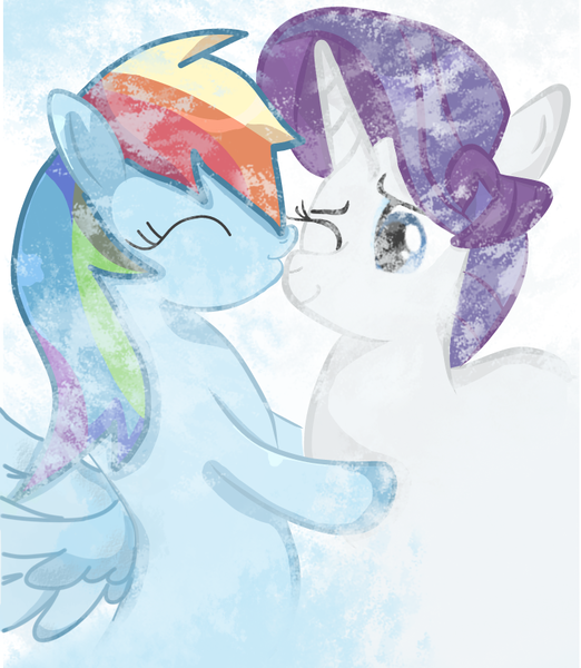 Size: 726x834 | Tagged: safe, artist:dashybestpony, derpibooru import, rainbow dash, rarity, pegasus, pony, unicorn, cute, eyes closed, female, heart, hug, kissing, lesbian, love, mare, nose kiss, one eye closed, profile, raridash, shipping, simple background, smiling, snow, standing, winter