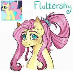 Size: 894x894 | Tagged: safe, artist:rubimlp6, derpibooru import, fluttershy, pony, the last problem, blushing, bust, ear fluff, eyebrows, female, looking at you, mare, name, older, older fluttershy, portrait, simple background, smiling, solo, stray strand, three quarter view, white background