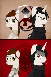 Size: 726x1100 | Tagged: safe, artist:ladyluna2, derpibooru import, ponified, pegasus, pony, unicorn, angry, armor, cape, clothes, comic, duo, eye scar, female, gritted teeth, kylo ren, male, mare, rey, robe, scar, stallion, star wars