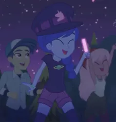 Size: 712x749 | Tagged: safe, derpibooru import, screencap, mile hill, raspberry lilac, space camp (character), equestria girls, equestria girls series, the last drop, spoiler:eqg series (season 2), cheering, cropped, glowstick, happy, hat, night