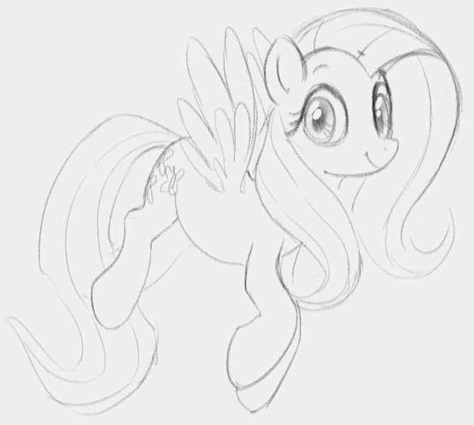 Size: 678x608 | Tagged: safe, artist:dotkwa, derpibooru import, fluttershy, pegasus, pony, cute, female, looking at you, mare, monochrome, simple background, sketch, smiling, solo, spread wings, three quarter view, wings