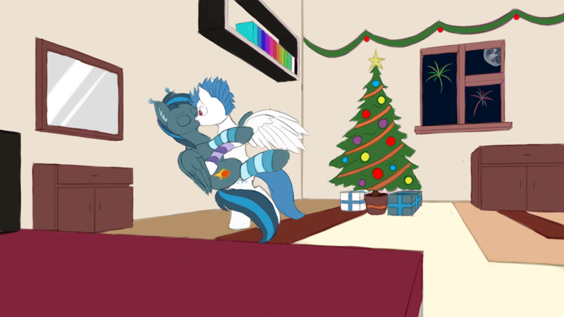 Size: 1920x1080 | Tagged: suggestive, artist:mitya1260, deleted from derpibooru, derpibooru import, oc, oc:niveous, oc:rosy firefly, pegasus, pony, bed, book, christmas, christmas tree, clothes, fireworks, gay, holiday, male, socks, tree