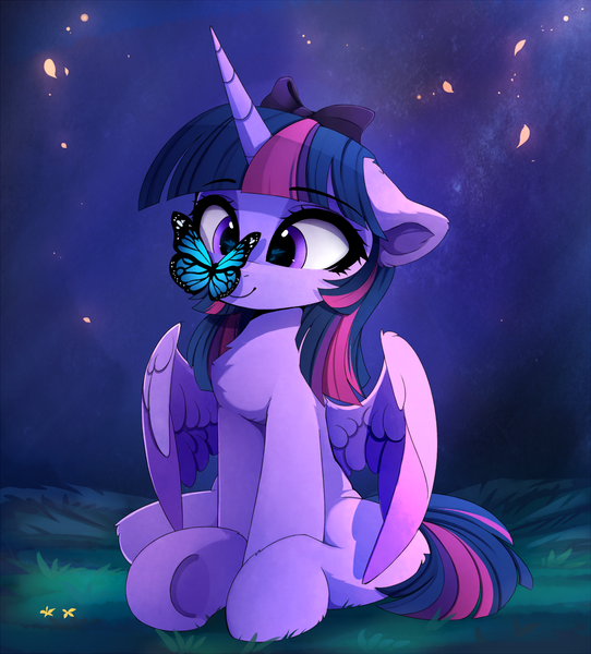 Size: 1300x1439 | Tagged: safe, artist:magnaluna, derpibooru import, twilight sparkle, twilight sparkle (alicorn), alicorn, butterfly, pony, bow, butterfly on nose, c:, chest fluff, crepuscular rays, cross-eyed, cute, daaaaaaaaaaaw, dark, ear fluff, eye reflection, female, floppy ears, fluffy, grass, hair bow, hnnng, insect on nose, leg fluff, looking at something, magnaluna is trying to murder us, mare, nature, night, petals, reflection, sitting, smiling, solo, spread wings, twiabetes, underhoof, wing fluff, wings