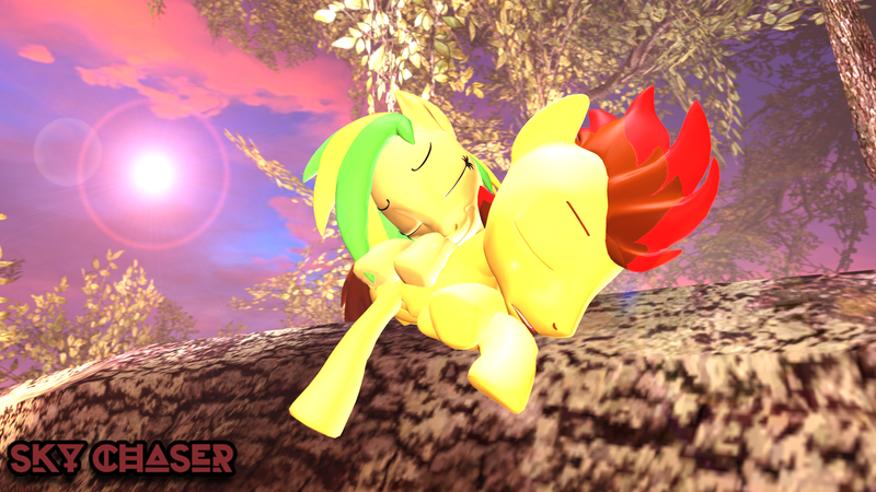 Size: 1920x1080 | Tagged: safe, artist:sky chaser, derpibooru import, oc, oc:sky chaser, oc:wooden toaster, unofficial characters only, pegasus, pony, 3d, female, male, sleeping, source filmmaker, tree