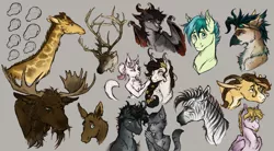 Size: 2350x1300 | Tagged: safe, artist:bootsdotexe, derpibooru import, sandbar, oc, oc:raycraft, unnamed oc, abyssinian, cat, deer, dracony, dragon, earth pony, giraffe, hippogriff, hybrid, moose, pegasus, pony, reindeer, unicorn, zebra, alternate universe, bunny ears, bust, curling horn, facial hair, female, goatee, goggles, gray background, hippogriff oc, horns, long description, male, mare, moose calf, non-pony oc, portrait, realistic, realistic anatomy, simple background, snip (coat marking), stallion