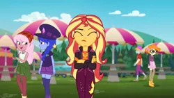 Size: 1920x1080 | Tagged: safe, derpibooru import, screencap, fry lilac, raspberry lilac, scribble dee, space camp (character), sunset shimmer, equestria girls, equestria girls series, sunset's backstage pass!, spoiler:eqg series (season 2), angry, bandana, clothes, crossed arms, female, frustrated, frustration, geode of empathy, hat, magical geodes, male, outdoors, shorts, umbrella