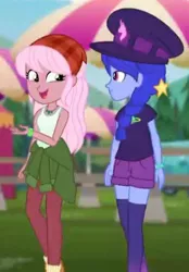 Size: 347x499 | Tagged: safe, derpibooru import, screencap, raspberry lilac, space camp (character), equestria girls, equestria girls series, spoiler:eqg series (season 2), clothes, cropped, duo, hat, talking, tanktop, walking