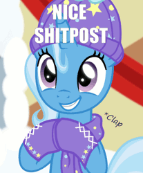 Size: 373x450 | Tagged: safe, derpibooru import, trixie, pony, unicorn, animated, caption, clapping, cute, diatrixes, female, gif, gif with captions, image macro, mare, meme, reaction image, sarcasm, smiling, solo, text, trixie yells at everything, vulgar