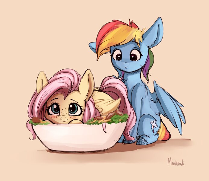 Size: 3955x3424 | Tagged: safe, artist:miokomata, derpibooru import, fluttershy, rainbow dash, pegasus, pony, behaving like a bird, blushing, bowl, chest fluff, cute, duo, eyes on the prize, fangs, female, food, freckles, holiday, mare, ponies in food, prone, salad, shyabetes, signature, simple background, sitting, thanksgiving, three quarter view, wings