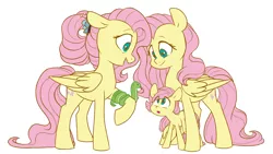 Size: 5295x2979 | Tagged: safe, artist:chub-wub, derpibooru import, part of a set, fluttershy, pegasus, pony, snake, the last problem, age progression, cute, female, filly, filly fluttershy, folded wings, looking at someone, looking at something, mare, multeity, older, older fluttershy, open mouth, self ponidox, shyabetes, simple background, so much flutter, solo, standing, triality, white background, wings, younger