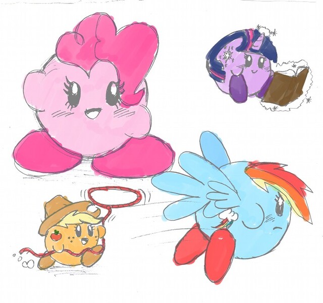 Size: 700x656 | Tagged: applejack, artist needed, book, crossover, derpibooru import, kirby, kirby applejack, kirby (character), kirby dash, kirbyfied, kirby pie, kirby twilight, lasso, pinkie pie, rainbow dash, rope, safe, species swap, twilight sparkle